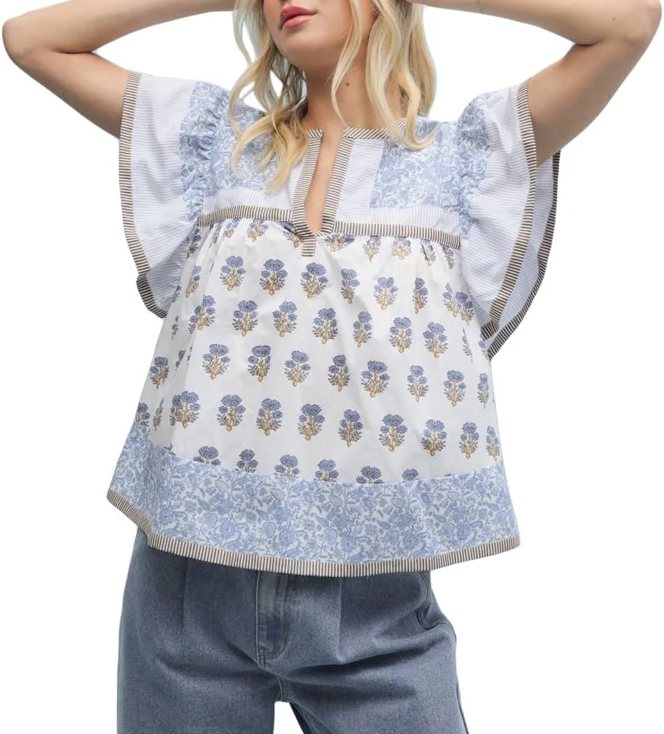 Women Floral Patchwork Short Sleeve Shirt Boho Flutter Sleeve V Neck Peplum Blouse Tops Summer Y2k Babydoll Tank Top