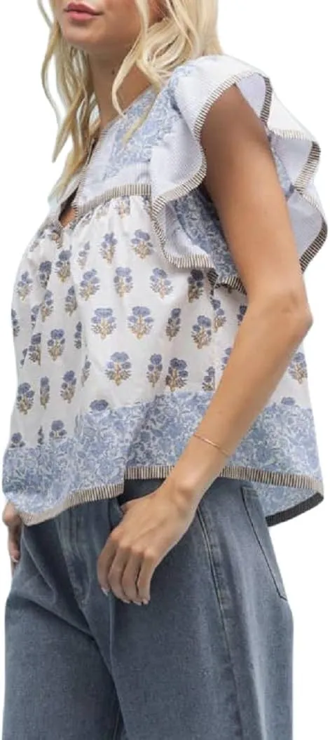 Women Floral Patchwork Short Sleeve Shirt Boho Flutter Sleeve V Neck Peplum Blouse Tops Summer Y2k Babydoll Tank Top