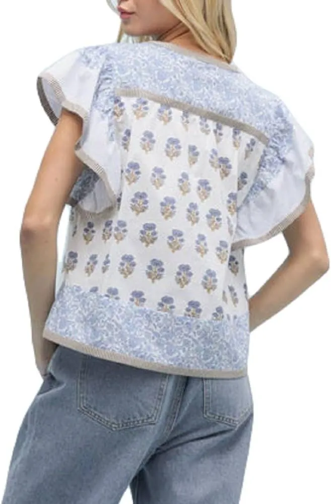 Women Floral Patchwork Short Sleeve Shirt Boho Flutter Sleeve V Neck Peplum Blouse Tops Summer Y2k Babydoll Tank Top