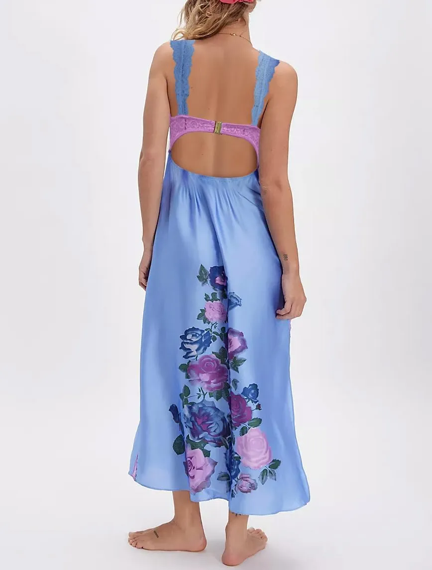 Women Lace Patchwork Floral Maxi Dress Backless Side Slit Corset Midi Dress Sleeveless Holiday Beach Flowy Sundress