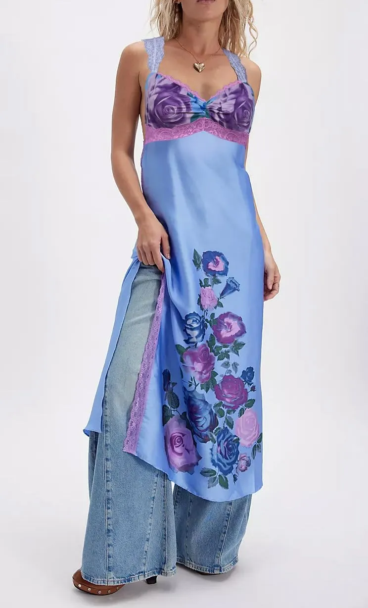 Women Lace Patchwork Floral Maxi Dress Backless Side Slit Corset Midi Dress Sleeveless Holiday Beach Flowy Sundress