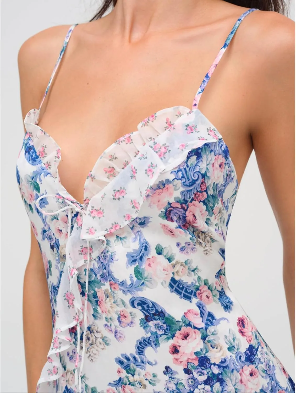 Women Lace Patchwork Mesh Dress Floral Print Sheer Cutout Maxi Dresses V Neck Sexy Bodycon Slip Summer Long Sundress