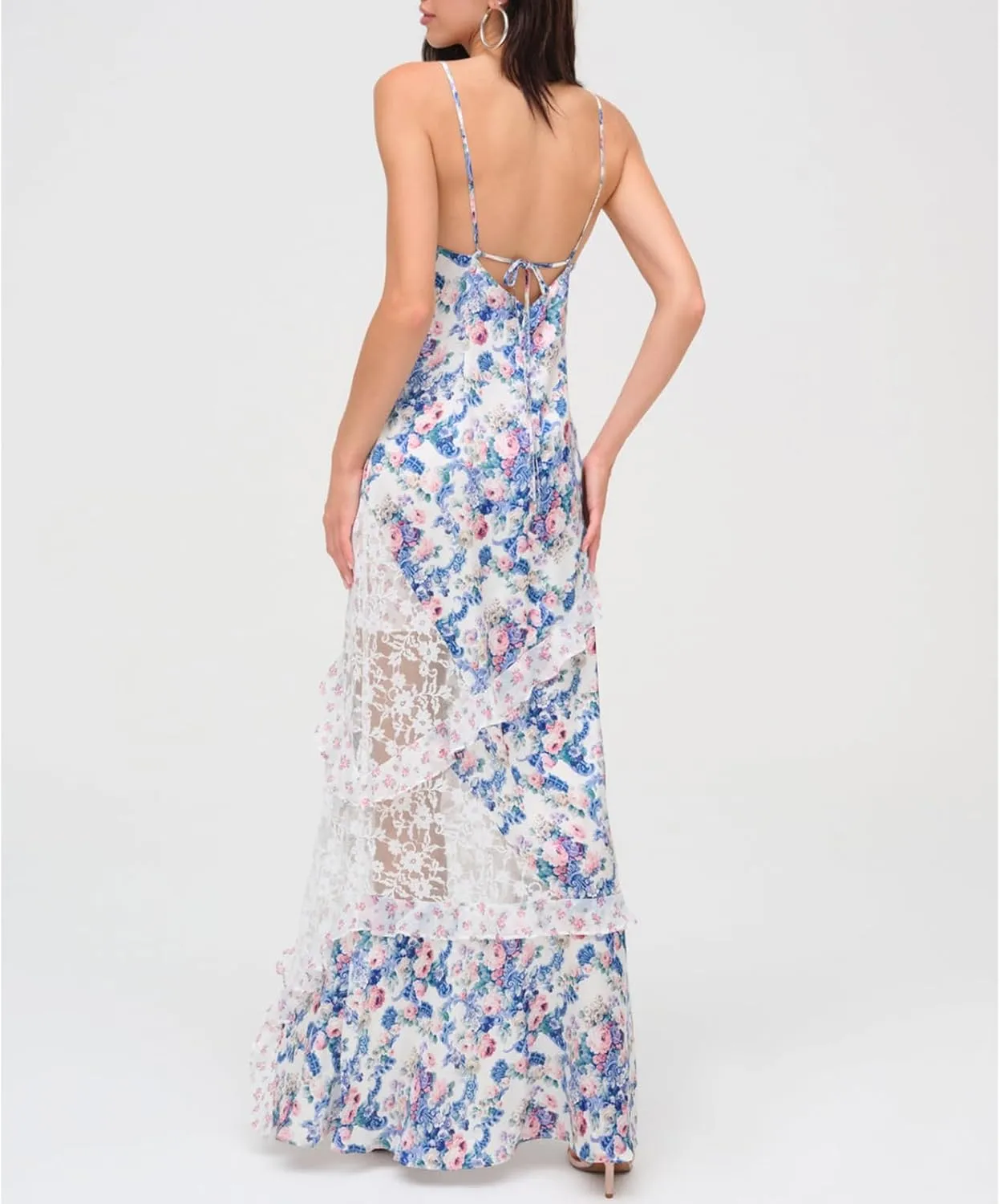 Women Lace Patchwork Mesh Dress Floral Print Sheer Cutout Maxi Dresses V Neck Sexy Bodycon Slip Summer Long Sundress
