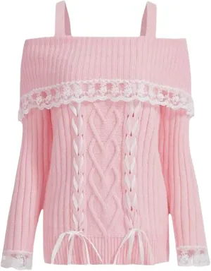 Women Off Shoulder Sweater Top Y2K Aesthetic Long Sleeve Lace Trim Knit Pullover Sweater Cutecore Kawaii Clothes