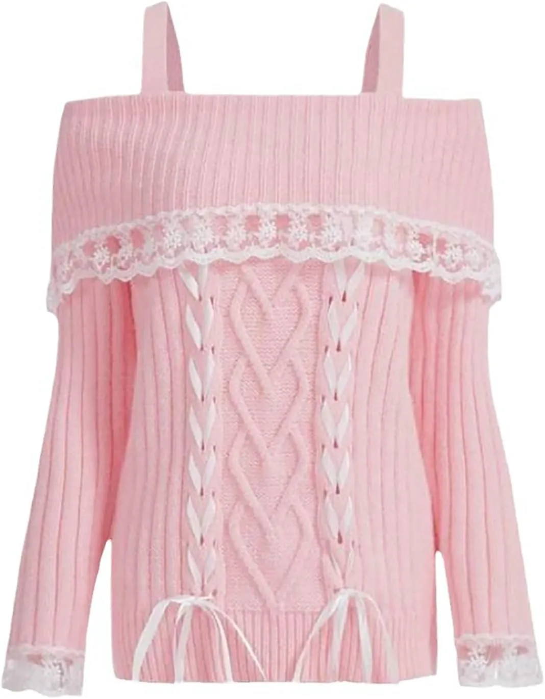 Women Off Shoulder Sweater Top Y2K Aesthetic Long Sleeve Lace Trim Knit Pullover Sweater Cutecore Kawaii Clothes