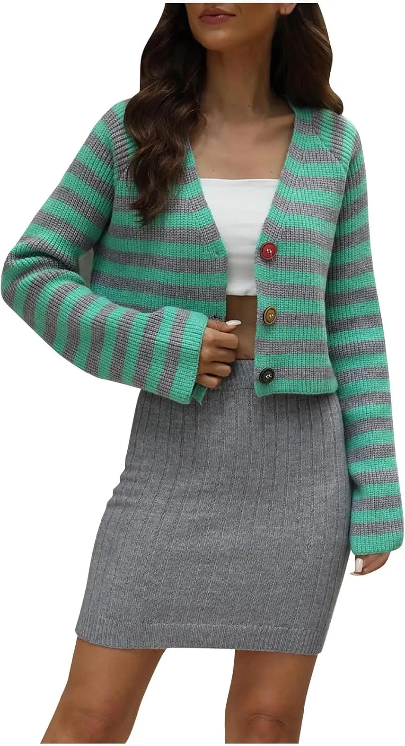 Women Open Front Crop Sweaters Casual Long Sleeve Striped Graphic Cardigan Button up Casual Outwear