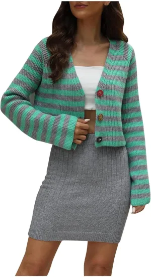 Women Open Front Crop Sweaters Casual Long Sleeve Striped Graphic Cardigan Button up Casual Outwear