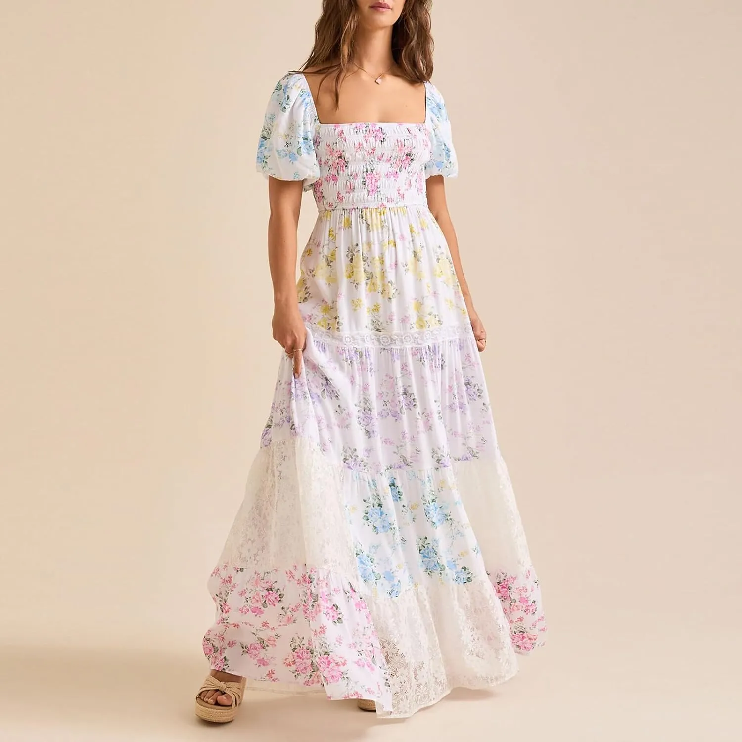 Women Patchwork Dress Y2k Floral Patchwork Maxi Dress Puffy Short Sleeve Square Neck Smocked Tiered Ruffle Sundress