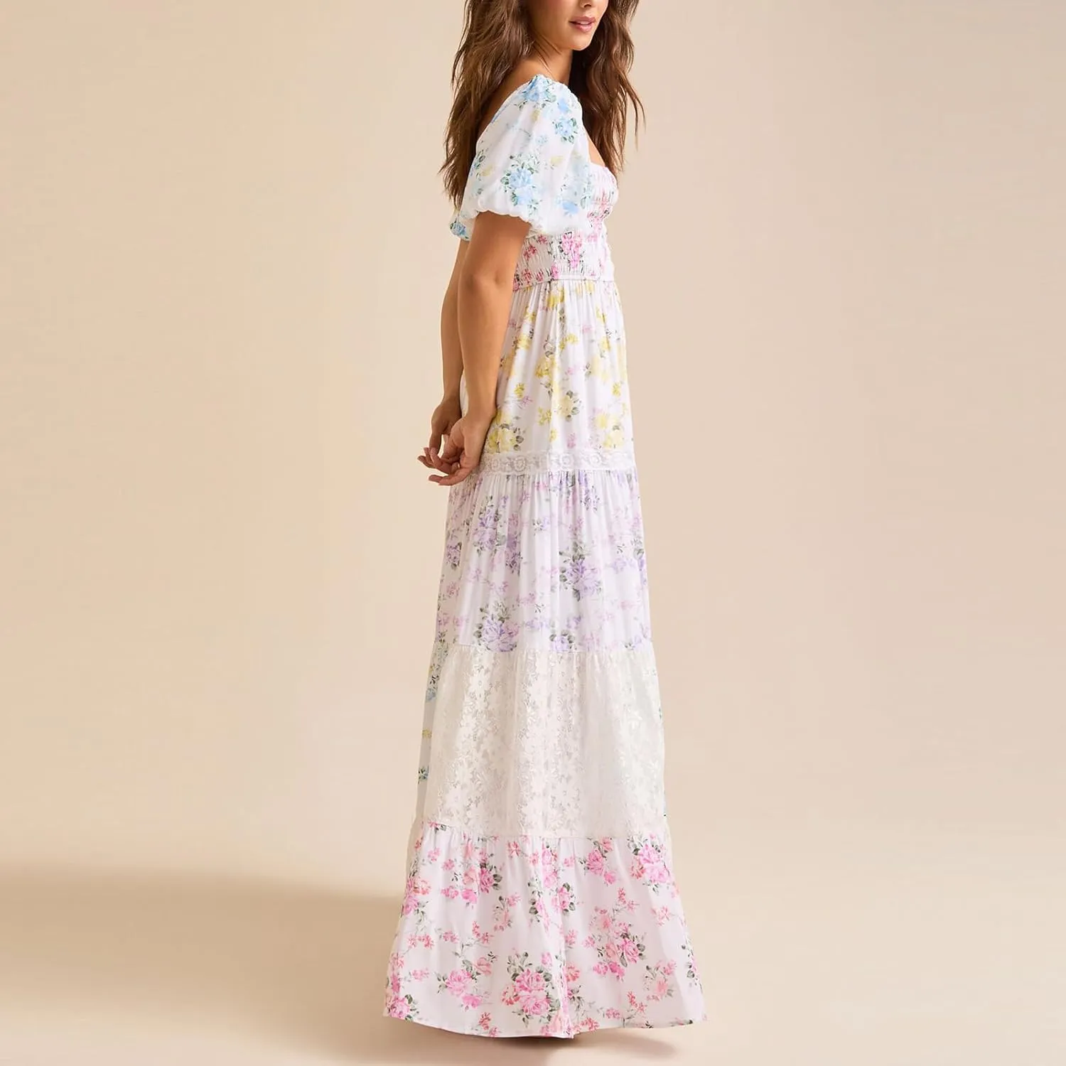 Women Patchwork Dress Y2k Floral Patchwork Maxi Dress Puffy Short Sleeve Square Neck Smocked Tiered Ruffle Sundress