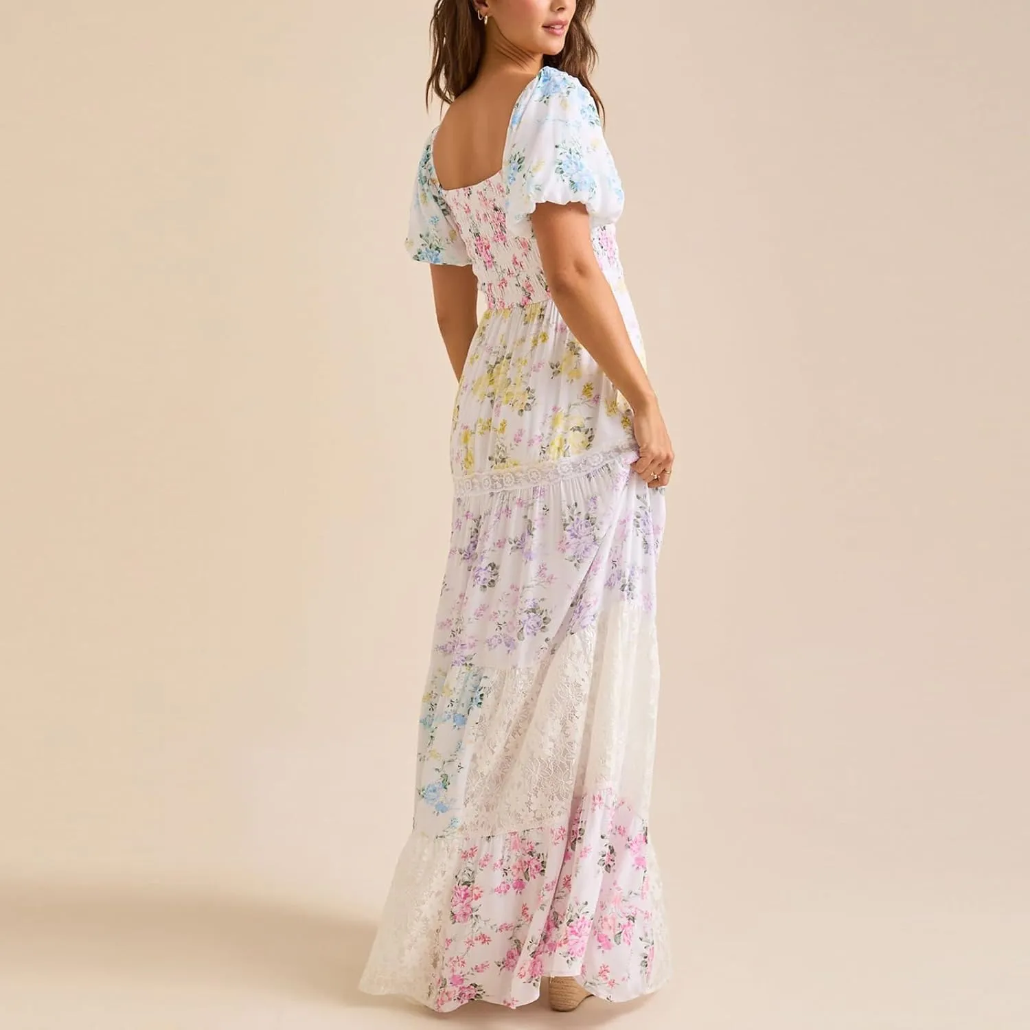 Women Patchwork Dress Y2k Floral Patchwork Maxi Dress Puffy Short Sleeve Square Neck Smocked Tiered Ruffle Sundress
