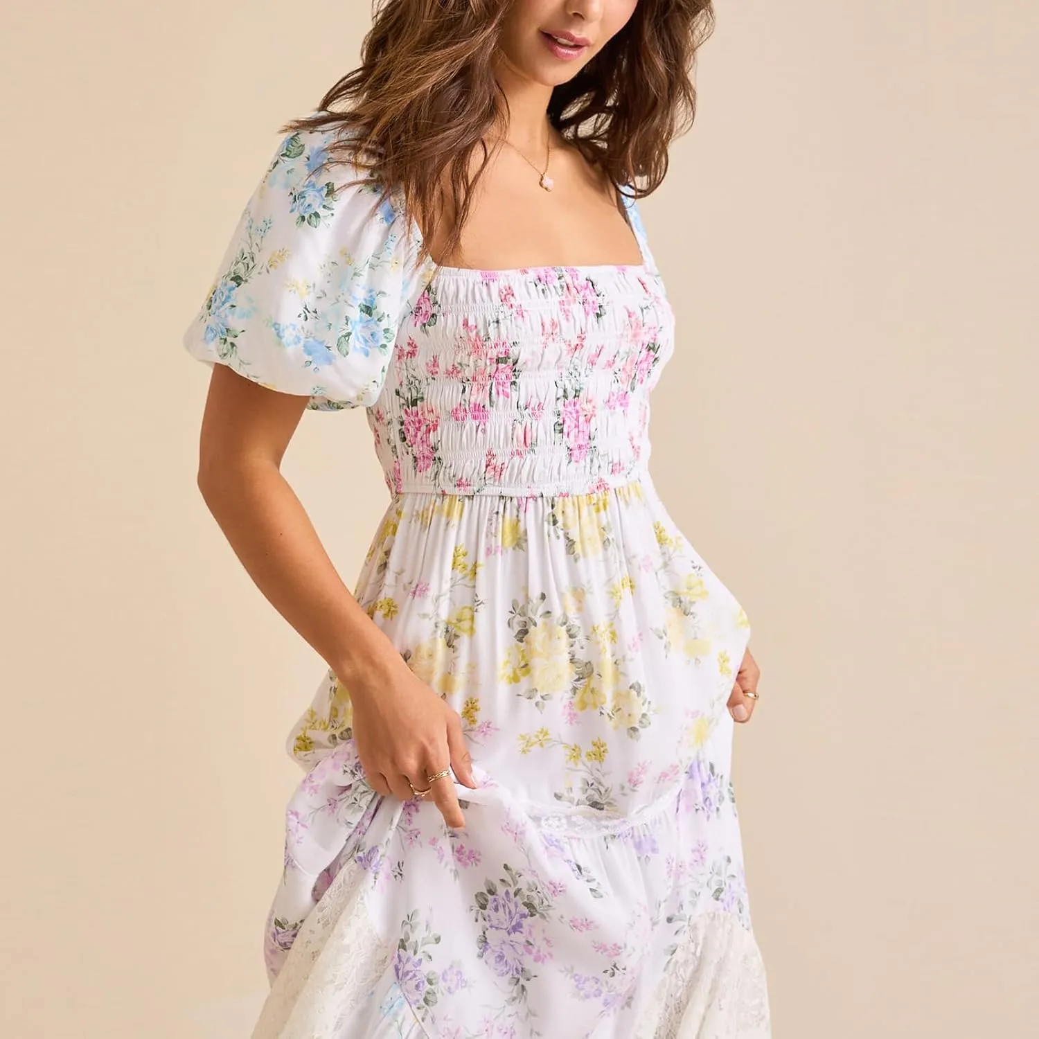 Women Patchwork Dress Y2k Floral Patchwork Maxi Dress Puffy Short Sleeve Square Neck Smocked Tiered Ruffle Sundress