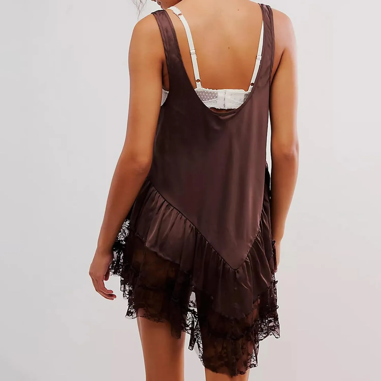 Women Sexy Lace Slip Dress Sleeveless U-Neck Lace Flowy Ruffle A Line Mini Cami Dress Cocktail Party Club Dresses