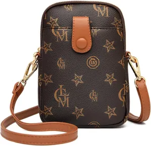Women Small Vertical Cell Phone Purses Vintage Print Crossbody Bags Lightweight PVC Vegan Leather with Adjustable Strap