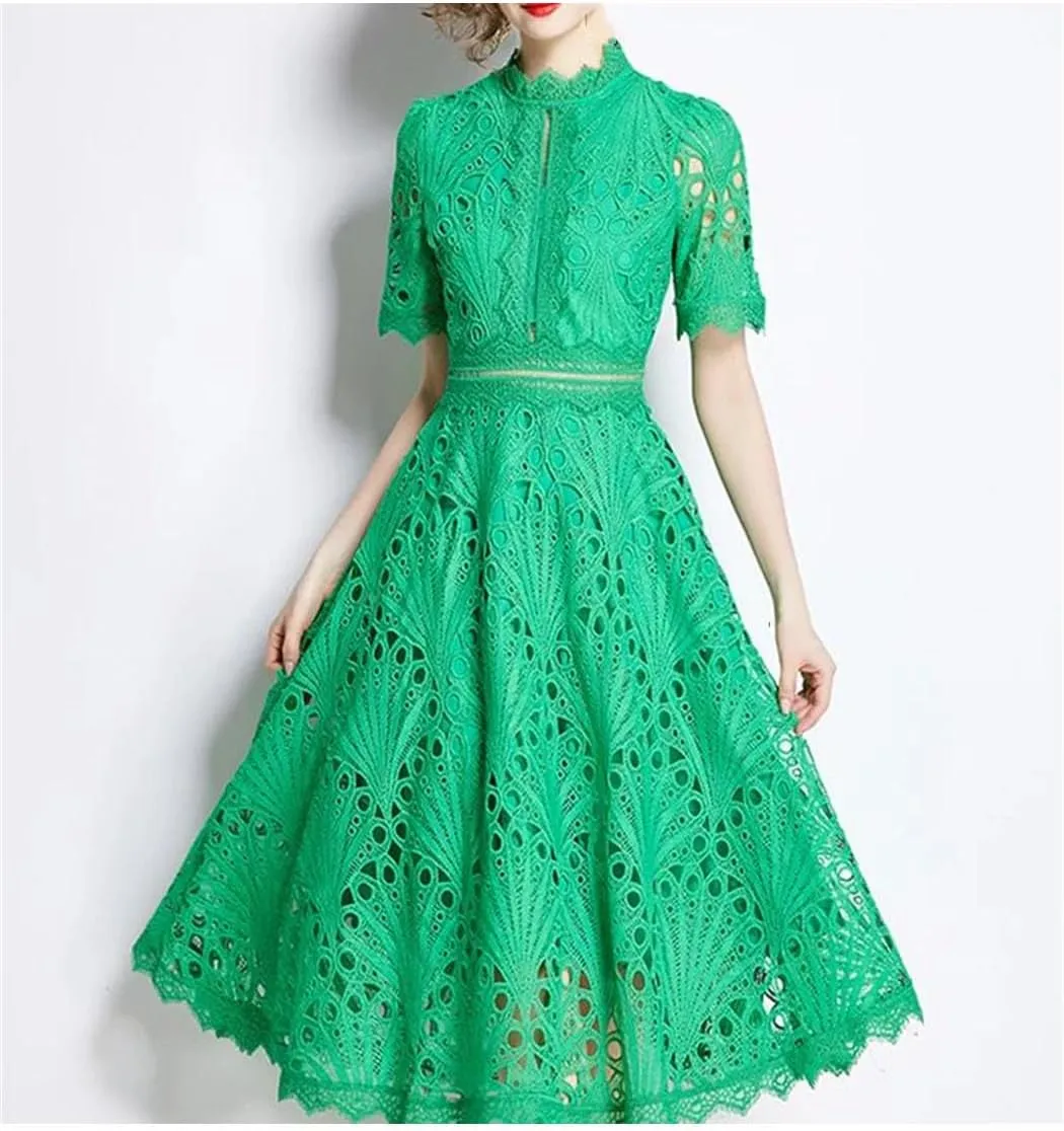 Women Spring Elegant Casual Party Dresses Floral Crochet Hollow Out Lace Patchwork Casual Office Midi Dress