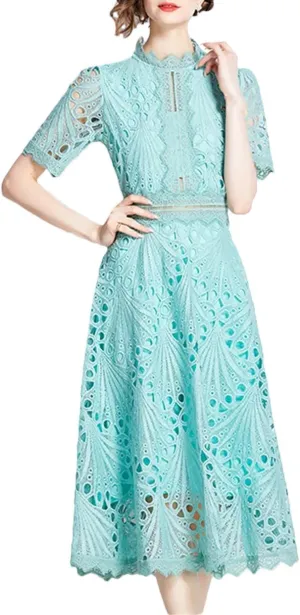 Women Spring Elegant Casual Party Dresses Floral Crochet Hollow Out Lace Patchwork Casual Office Midi Dress