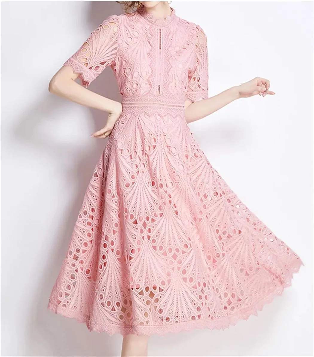Women Spring Elegant Casual Party Dresses Floral Crochet Hollow Out Lace Patchwork Casual Office Midi Dress