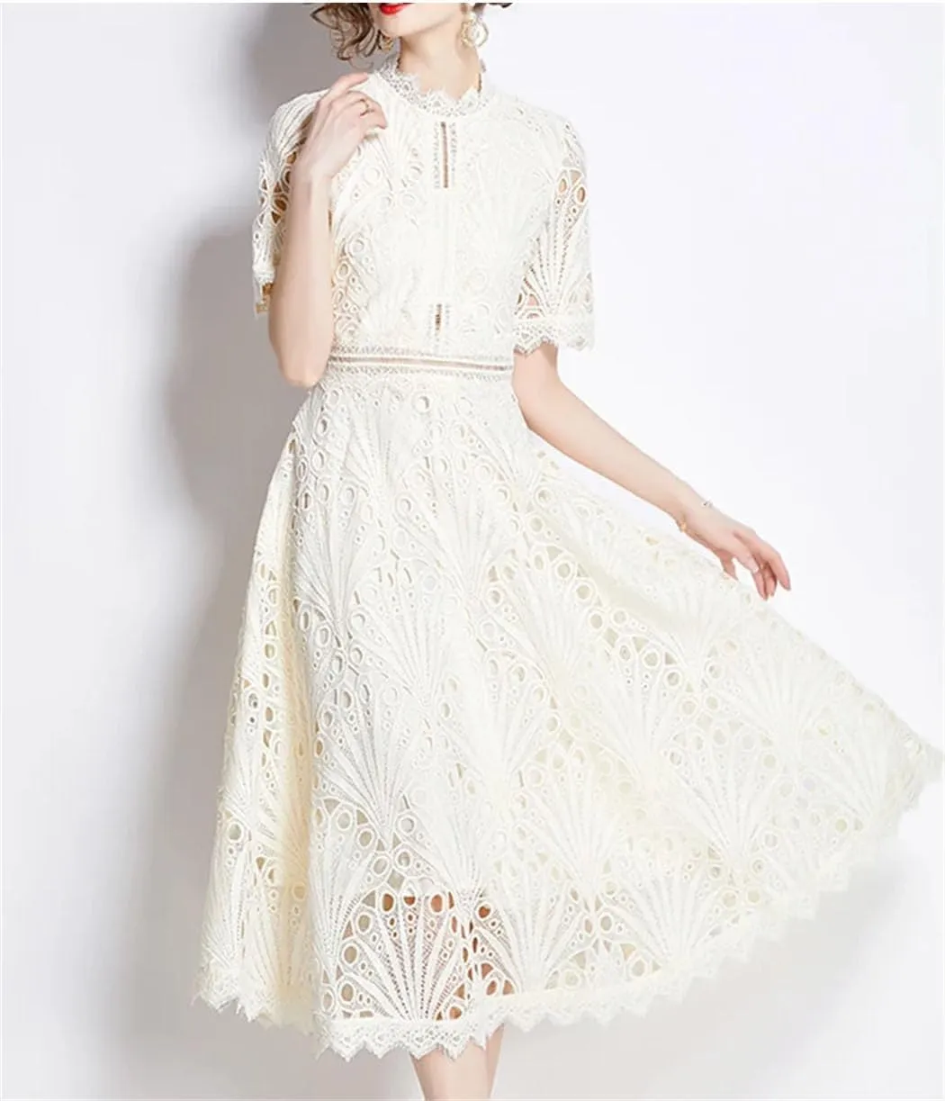 Women Spring Elegant Casual Party Dresses Floral Crochet Hollow Out Lace Patchwork Casual Office Midi Dress