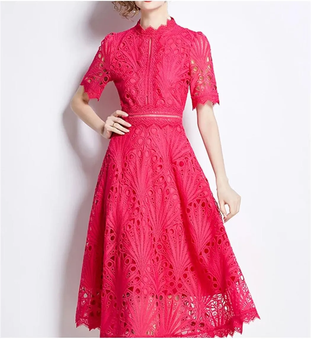 Women Spring Elegant Casual Party Dresses Floral Crochet Hollow Out Lace Patchwork Casual Office Midi Dress