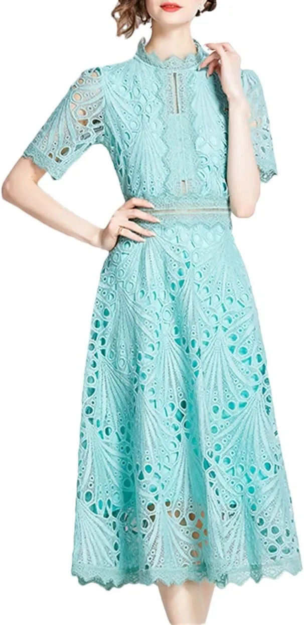 Women Spring Elegant Casual Party Dresses Floral Crochet Hollow Out Lace Patchwork Casual Office Midi Dress
