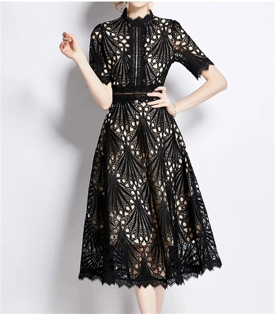 Women Spring Elegant Casual Party Dresses Floral Crochet Hollow Out Lace Patchwork Casual Office Midi Dress