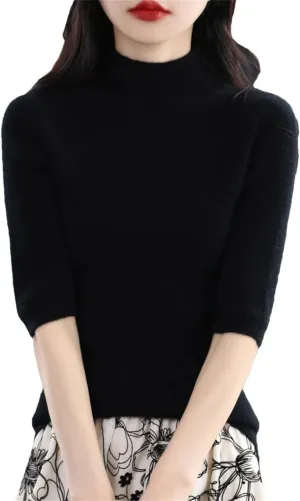 Women Stand Collar Short Sleeve Pullover Spring Summer Wool Knit Sweater