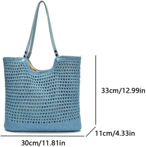 Women Stylish Knit Shoulder Bag Large Capacity Hollowed-Out Bag Wear Resist Seaside Knitting Beach Bag Travel Shoppin