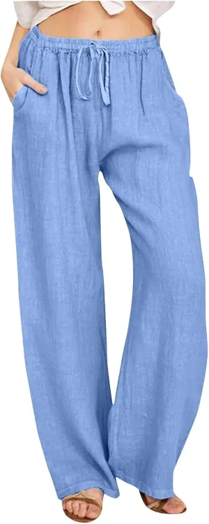 Women Summer High Waist Linen Palazzo Pants Wide Leg Long Button Loose Pant Trousers with Pockets