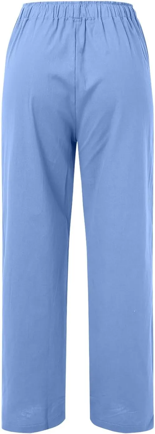 Women Summer High Waist Linen Palazzo Pants Wide Leg Long Button Loose Pant Trousers with Pockets