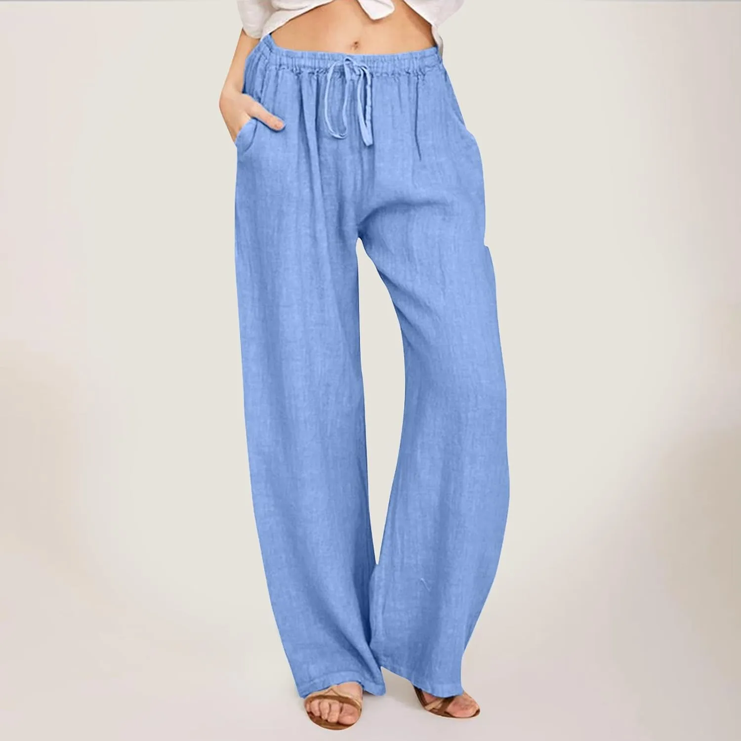 Women Summer High Waist Linen Palazzo Pants Wide Leg Long Button Loose Pant Trousers with Pockets