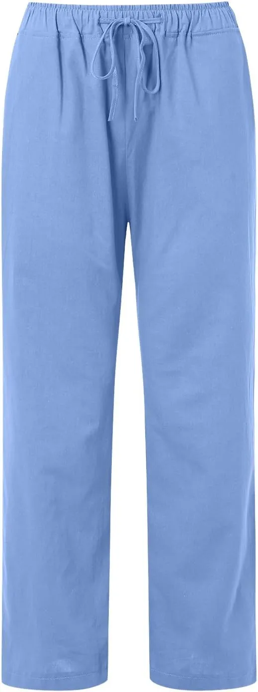 Women Summer High Waist Linen Palazzo Pants Wide Leg Long Button Loose Pant Trousers with Pockets