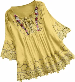 Women Summer Top Cotton Linen Vintage Lace Patchwork Tie-Up Short Sleeve V Neck Shirt Cute Floral Vacation Tops