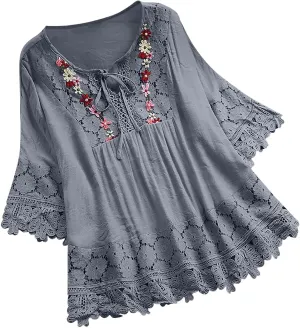 Women Summer Top Cotton Linen Vintage Lace Patchwork Tie-Up Short Sleeve V Neck Shirt Cute Floral Vacation Tops
