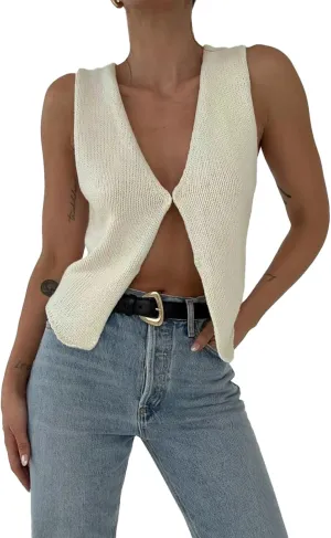 Women Y2k Crochet Vest Top Vintage Solid Color V Neck Sleeveless Button Down Crop Tops Streetwear