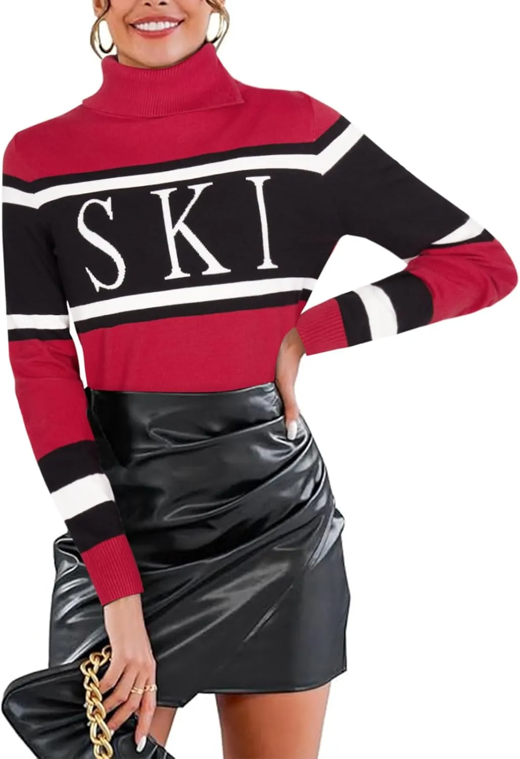 Women's 2025 Spring Turtleneck Sweater Colorblock Pullover Tight Knit Ski Sweaters Thermal Shirts Winter Tops