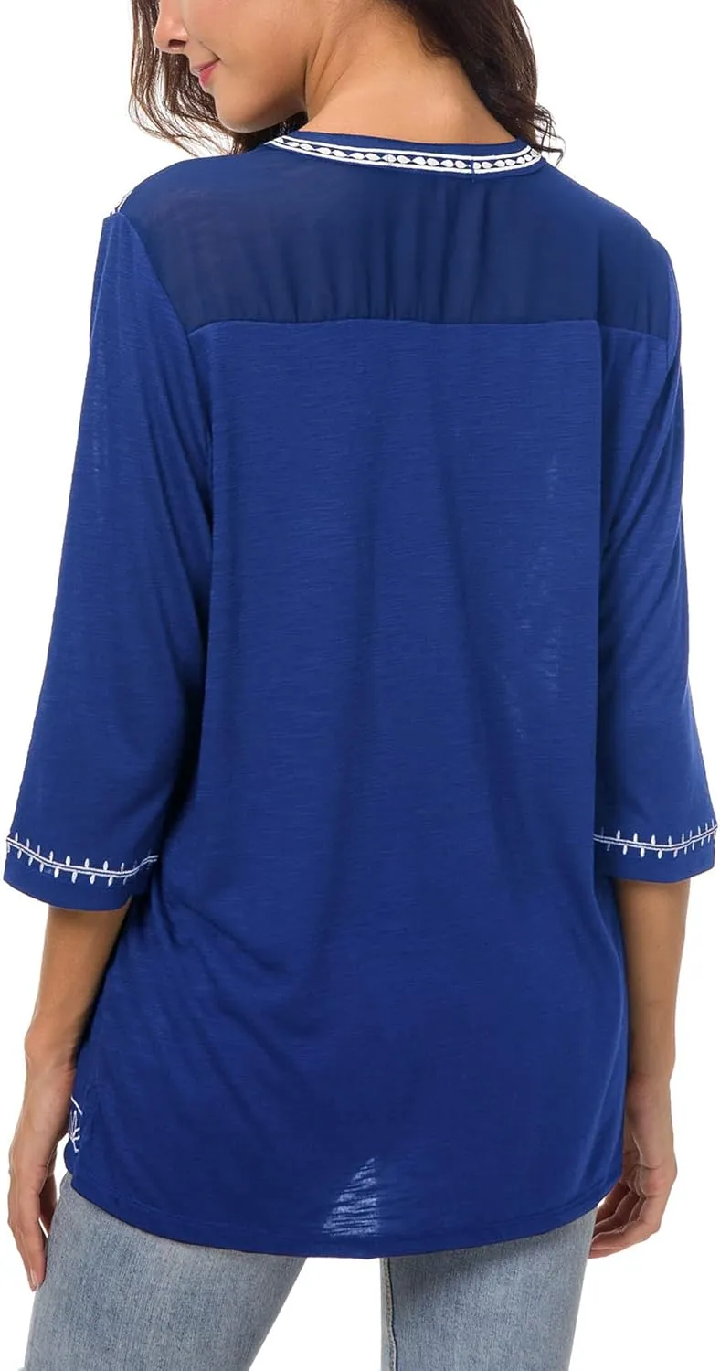 Women's 3/4 Sleeve Boho Shirts Embroidered Peasant Top