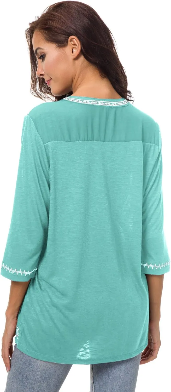 Women's 3/4 Sleeve Boho Shirts Embroidered Peasant Top