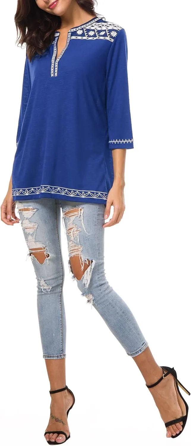 Women's 3/4 Sleeve Boho Shirts Embroidered Peasant Top