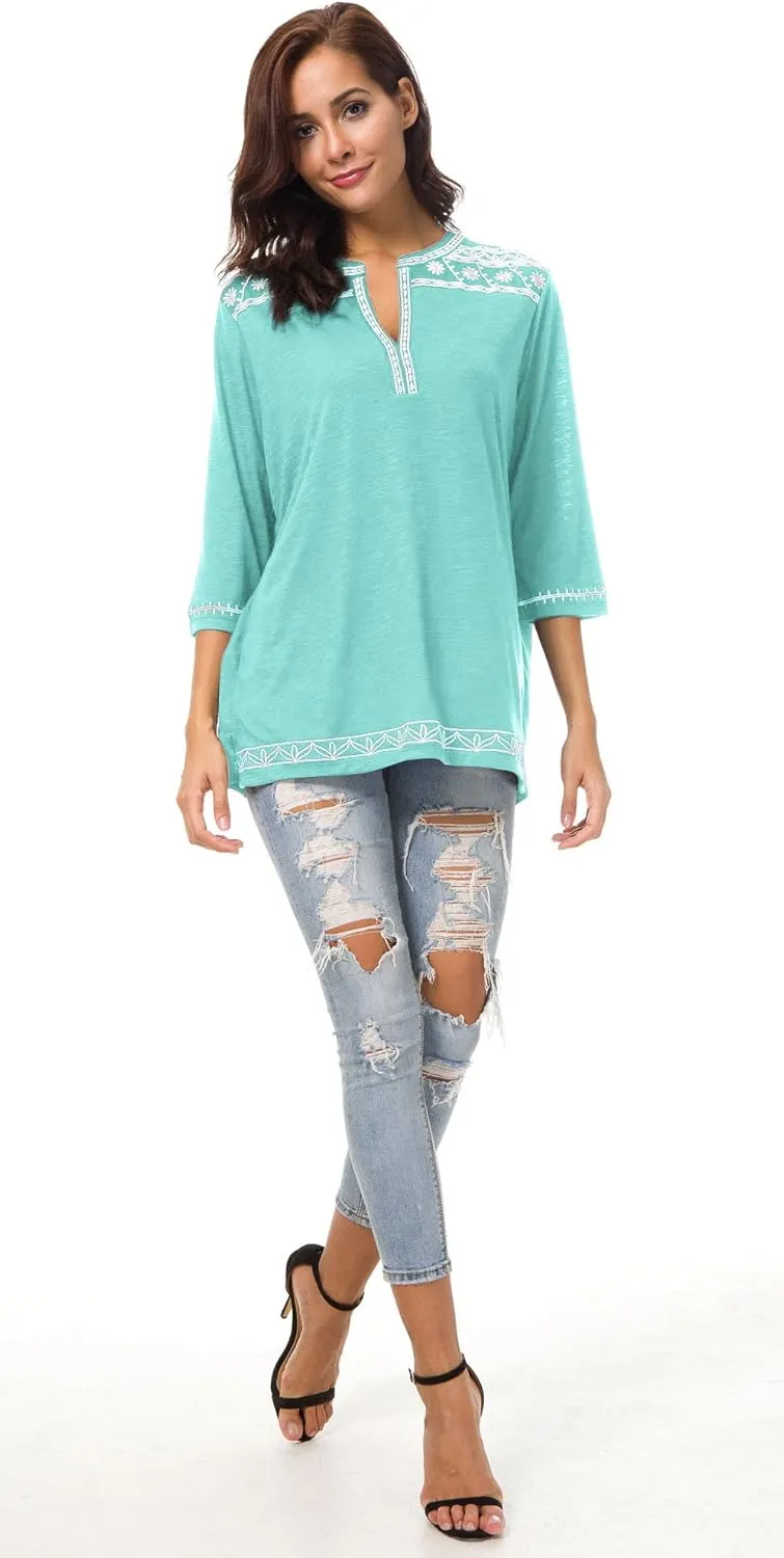 Women's 3/4 Sleeve Boho Shirts Embroidered Peasant Top