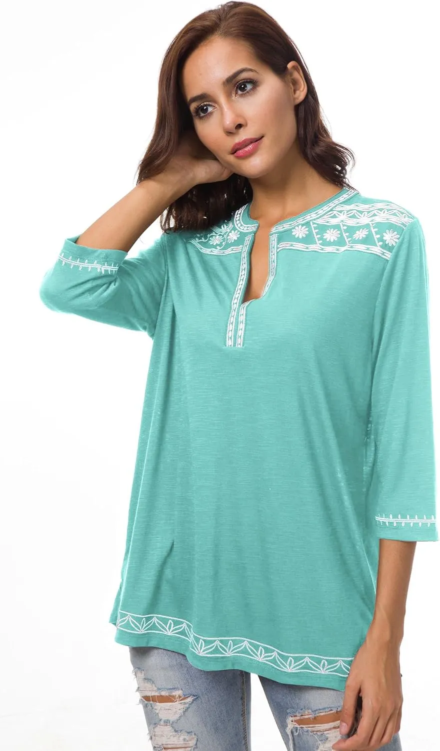 Women's 3/4 Sleeve Boho Shirts Embroidered Peasant Top