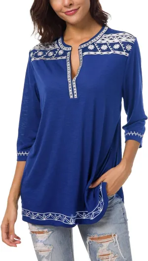 Women's 3/4 Sleeve Boho Shirts Embroidered Peasant Top