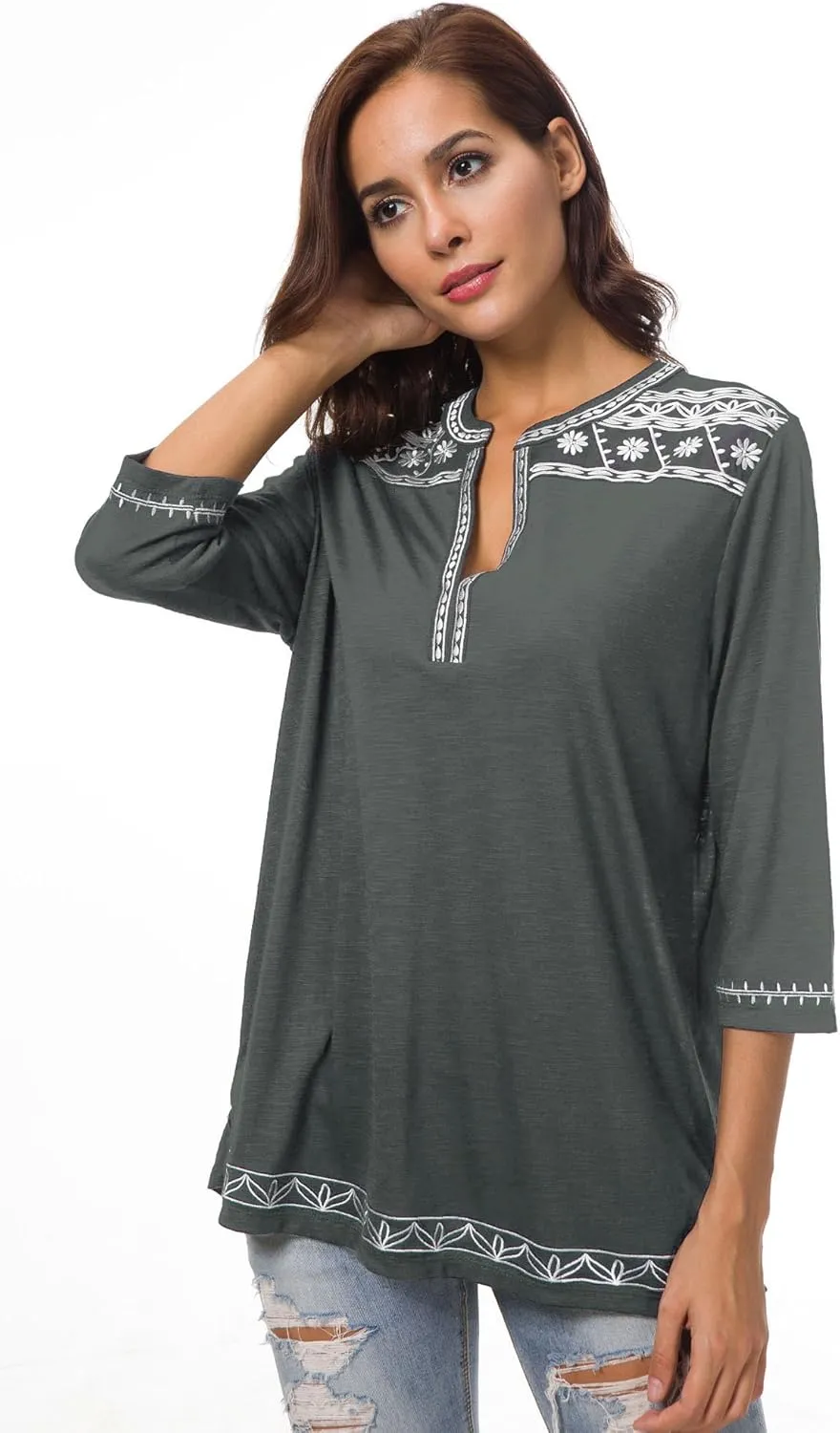 Women's 3/4 Sleeve Boho Shirts Embroidered Peasant Top