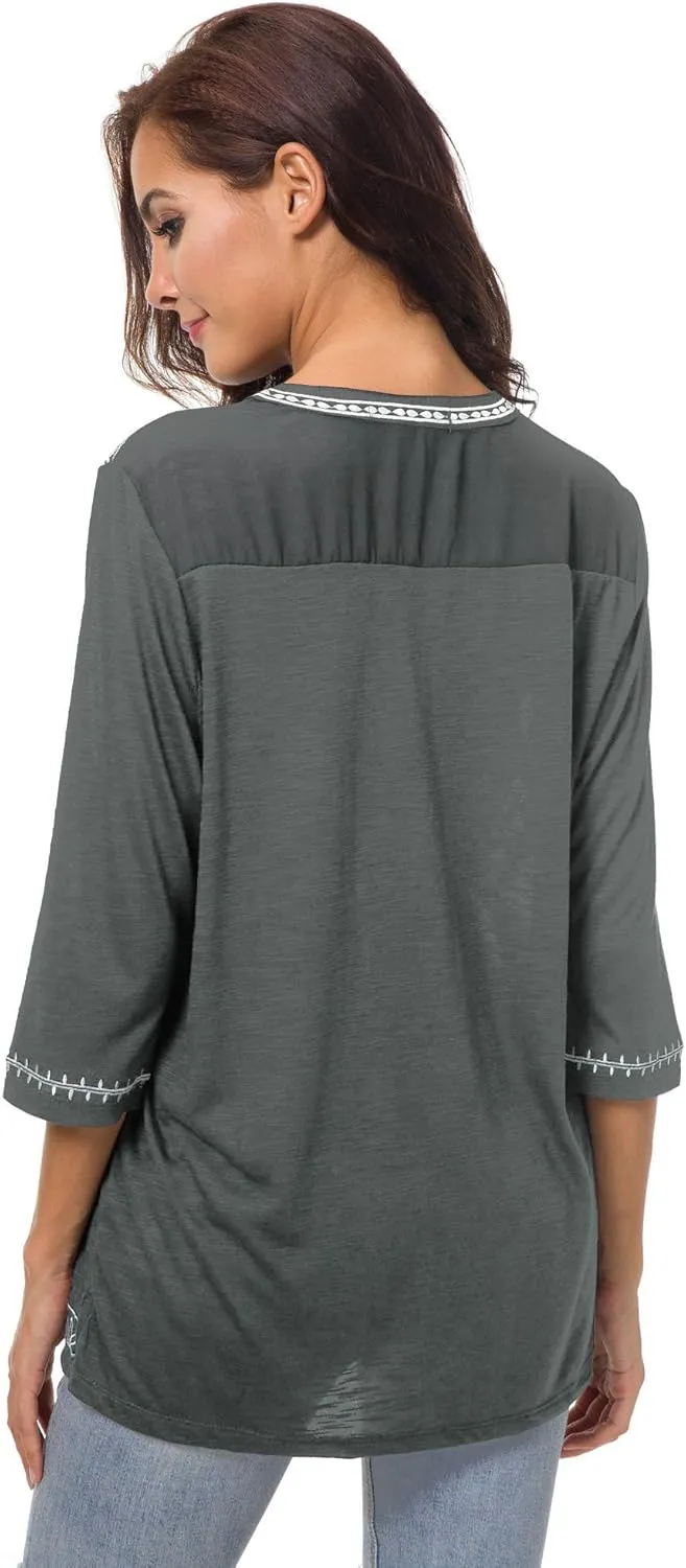 Women's 3/4 Sleeve Boho Shirts Embroidered Peasant Top