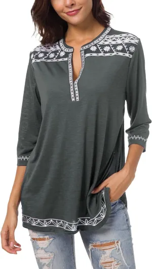Women's 3/4 Sleeve Boho Shirts Embroidered Peasant Top