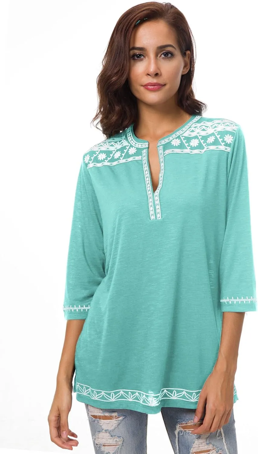 Women's 3/4 Sleeve Boho Shirts Embroidered Peasant Top
