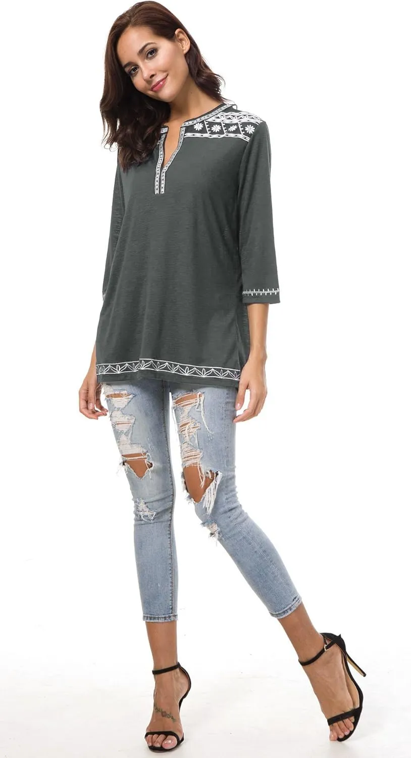 Women's 3/4 Sleeve Boho Shirts Embroidered Peasant Top