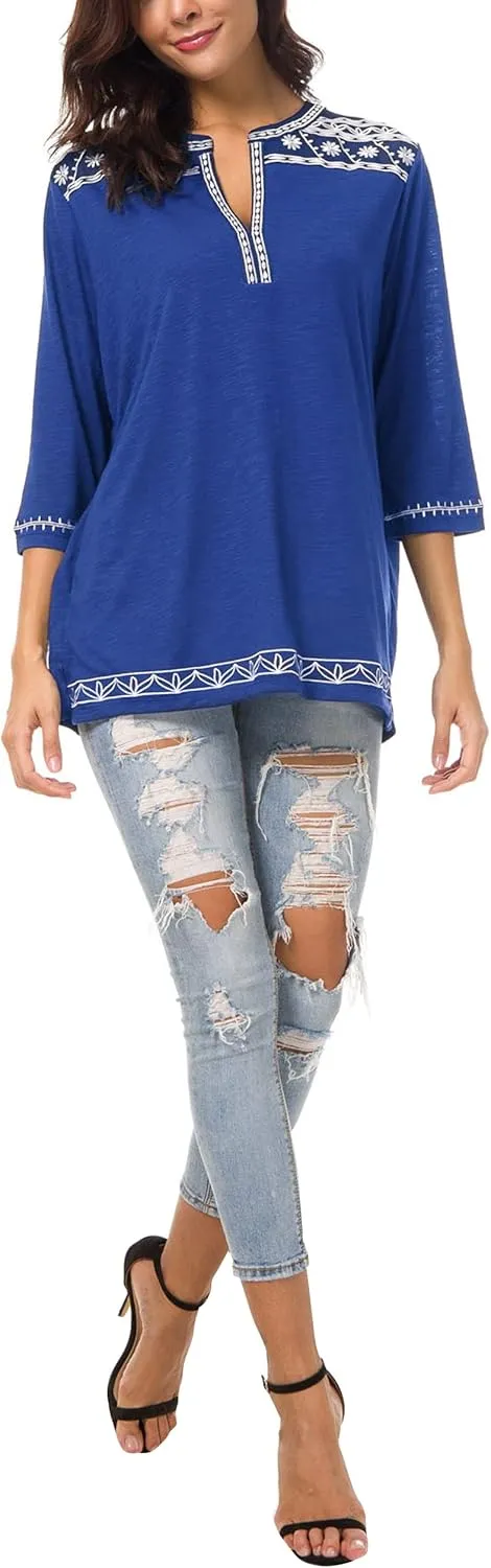 Women's 3/4 Sleeve Boho Shirts Embroidered Peasant Top