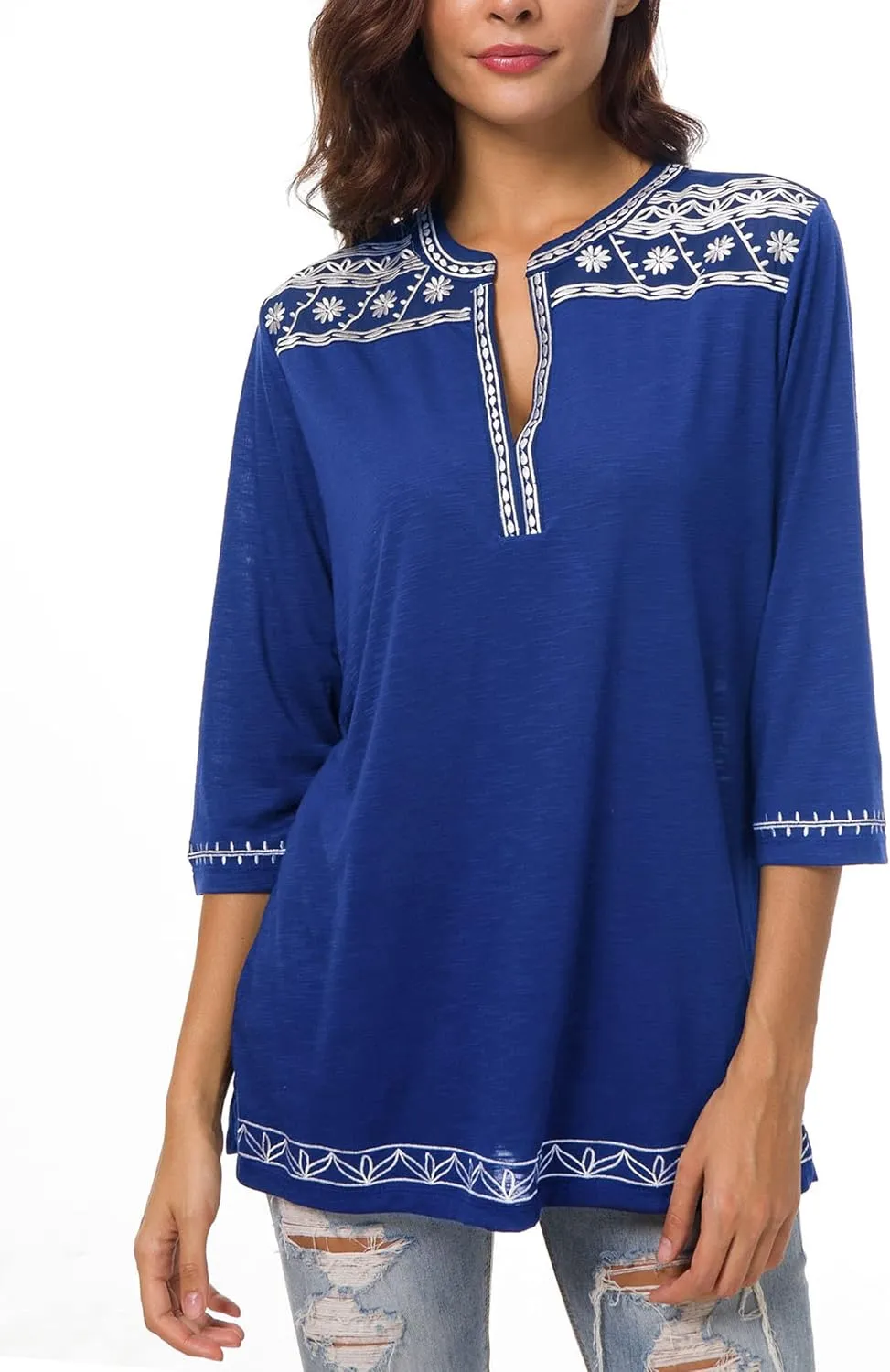 Women's 3/4 Sleeve Boho Shirts Embroidered Peasant Top
