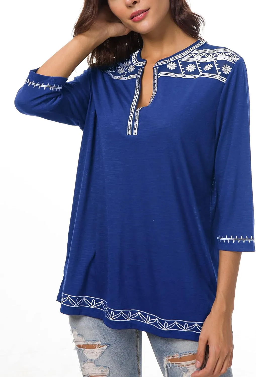 Women's 3/4 Sleeve Boho Shirts Embroidered Peasant Top