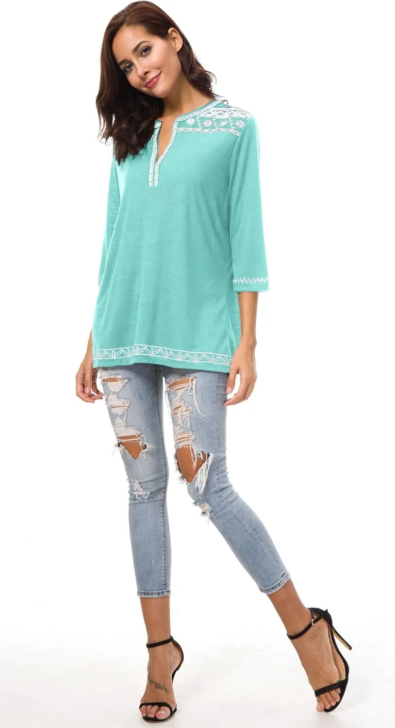 Women's 3/4 Sleeve Boho Shirts Embroidered Peasant Top