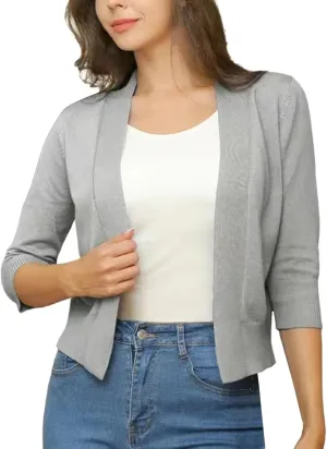 Women's 3/4 Sleeve Knit Cropped Cardigan Sweaters Open Front Bolero Shrugs Short Coat Top Solid Color Knitwear for Dress